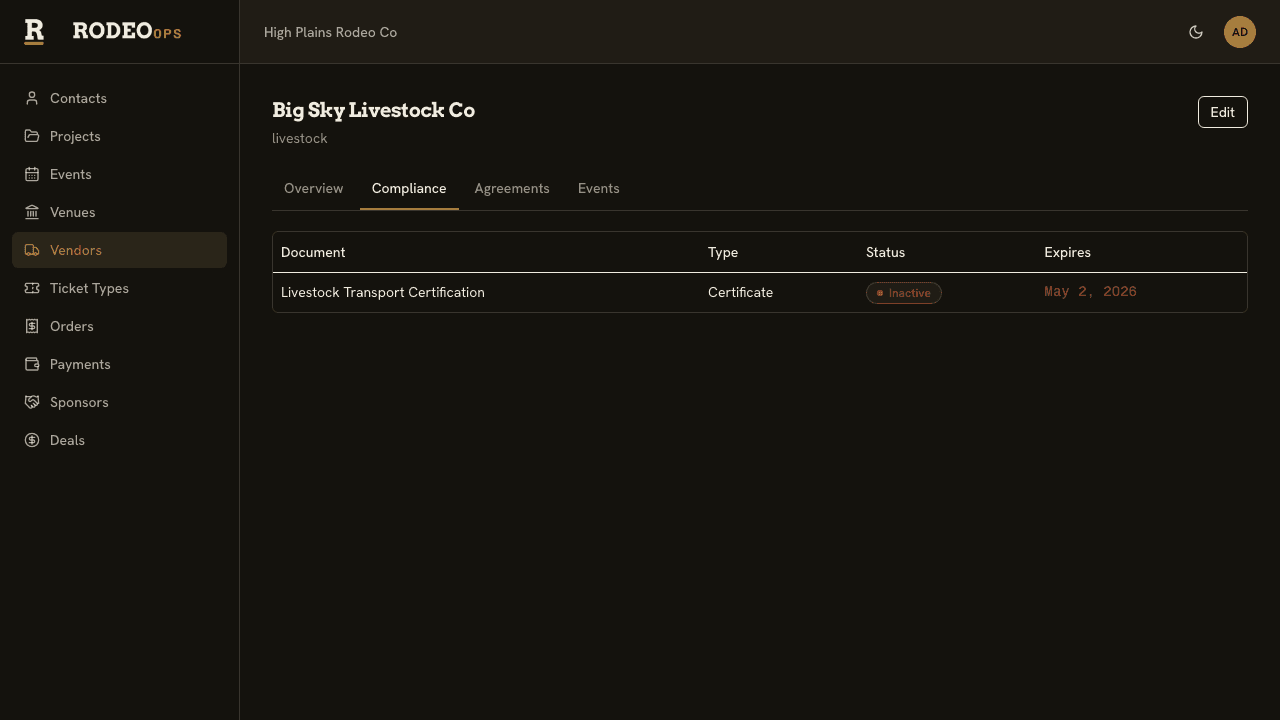 Rodeo Ops console — a vendor's compliance document detail with status and expiration